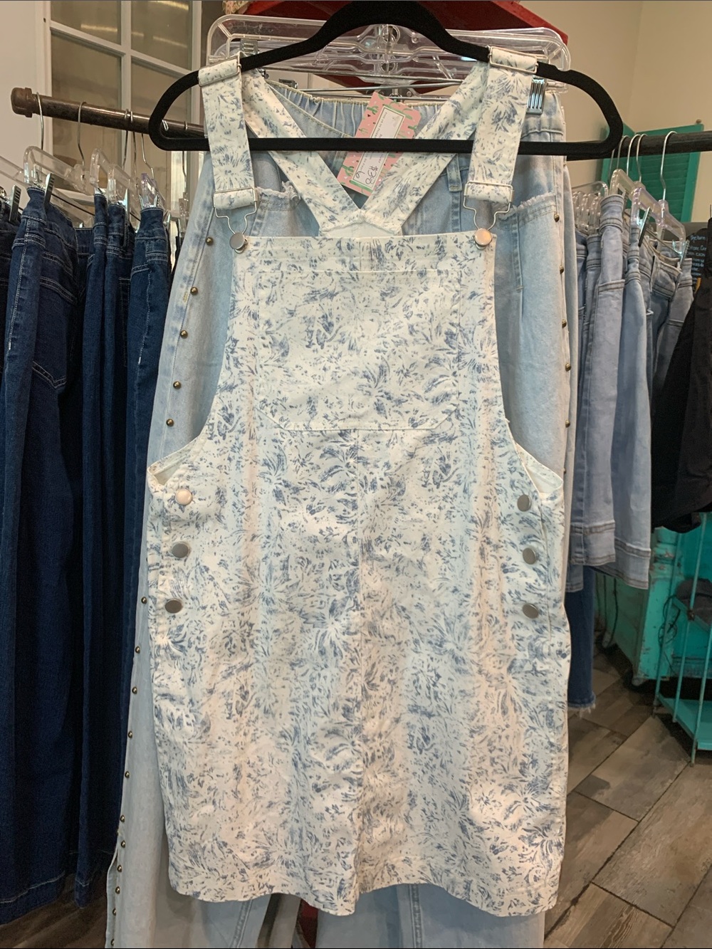 #144 Light Blue Floral Denim Overall Mini Dress